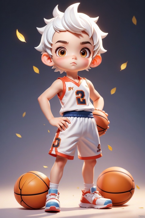 1 Little boy, (3 years :1.9), (Buzz cut :1.0), solo, (Q version :1.6), IP, hands on hips, serious, blush, basketball uniform, simple white background, white hair,