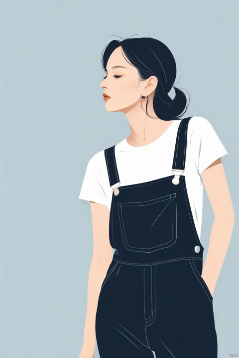 A beautiful woman with a simple overalls, illustration, minimalism, dreamlike picture, subtle gradient, calm harmony, elegant use of negative space, graphic design inspired illustration