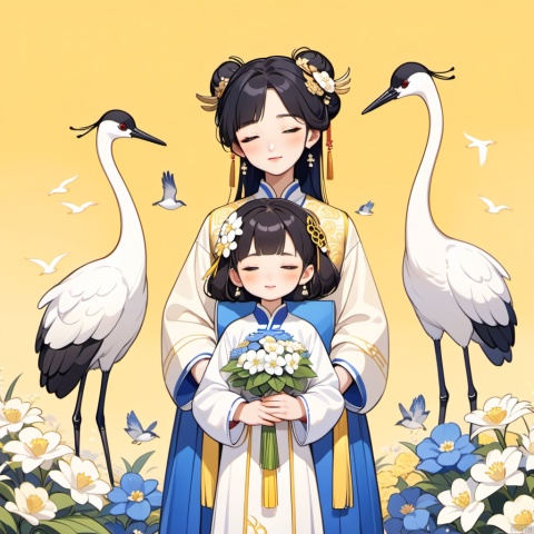 New Chinese, a couple, three children, parent-child, closed eyes, black hair, bun, flowers, birds, hair accessories, standing, blush, long sleeves, yellow background, crane (animal), bun, blue flowers, bangs, white flowers, symmetrical composition, masterpiece, best quality, very aesthetic, absurd,
