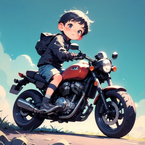  (Masterpiece), (Best quality), Q Edition, 2.5 Head Body, Boy, Solo, Short hair, Motorcyclist, Simple Background,