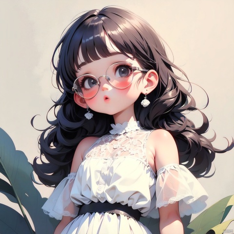 (Masterpiece), (Best quality), Q Edition, 2.5 Head Body, Girl, Solo, Full bangs, Long hair, Makeup, Summer Dress, Glasses, Simple Background,
