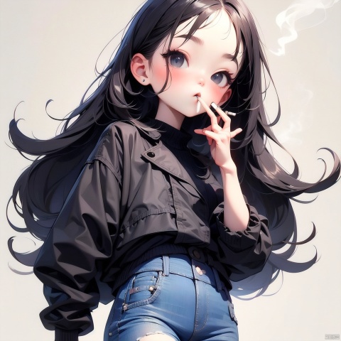 (Masterpiece), (best quality), Q Edition, 2.5 head body, Girl, Detective, long black trench coat, jeans, (Cigarette in mouth: 1.2), solo, long hair, Simple background,