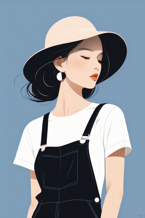  A beautiful woman with a simple overalls, illustration, minimalism, dreamlike picture, subtle gradients, calm harmony, elegant use of negative space, graphic design inspired illustration
