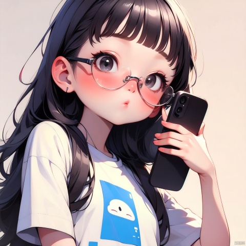 (Masterpiece), (Best quality), Q Edition, 2.5 Head Body, Girl, Solo, Shy, Straight bangs, Long hair, shirt, Glasses, Phone, Simple background,