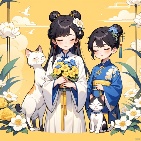 New Chinese, three girls, mother and son, closed eyes, black hair, bun, flower, cat, hair decoration, standing, blush, long sleeve, yellow background, crane (animal), bun, blue flowers, bangs, white flowers, symmetrical composition, masterpiece, best quality, very aesthetic, absurd,