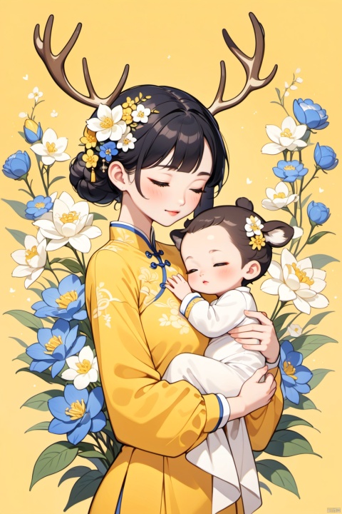 New Chinese, three, mother holding baby, eyes closed, black hair, bun, flower, baby, hair ornament, standing, blush, long sleeve, yellow background, deer (animal), bun, blue flowers, bangs, white flowers, symmetrical composition, masterpiece, best quality, very aesthetic, absurd,