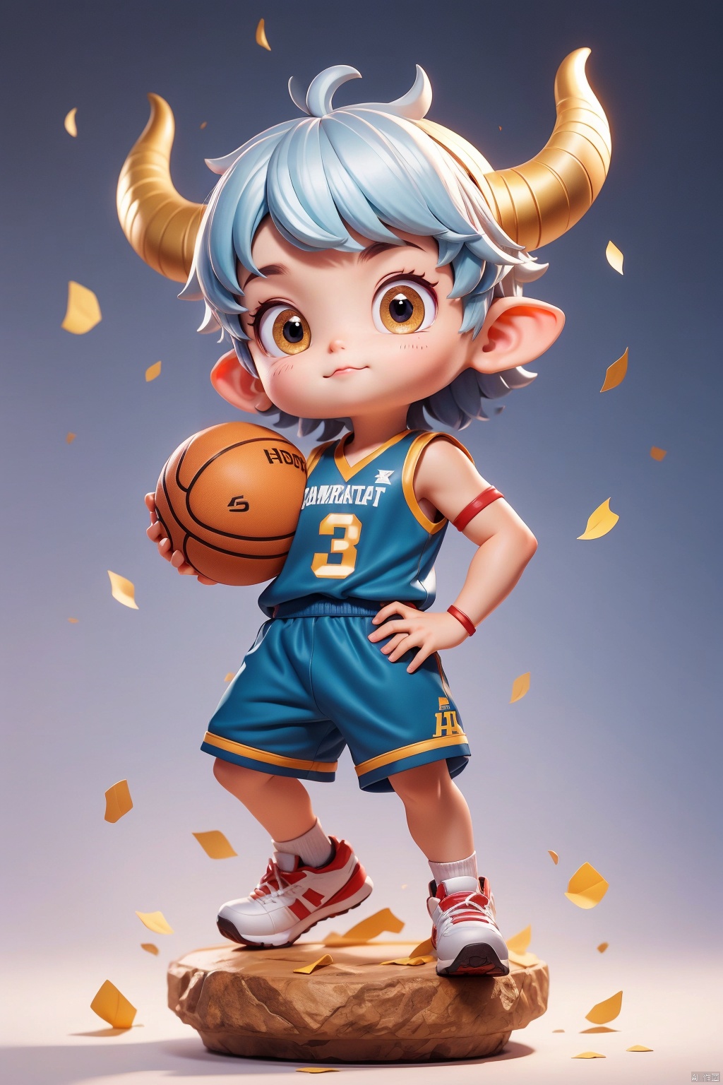 1 Little boy, 3 years old, Animal IP, solo, (Q version :0.9), determined expression, horns, blush, basketball uniform, athlete figure, simple background, silver hair, American buzz cut, one hand akimbo