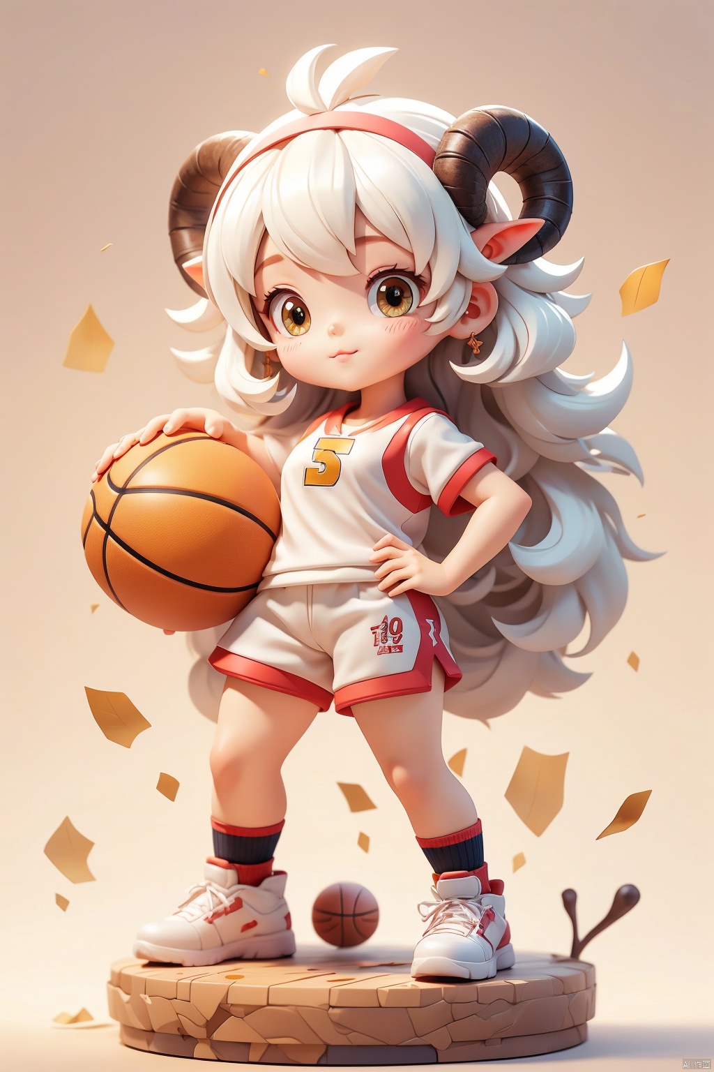 1 girl, (3 years :1.9), solo, (Q version :1.6), IP, determined expression, sheep horns, animal features, blush, basketball uniform, simple white background, white hair, (sheep hair :0.6), hands on hips