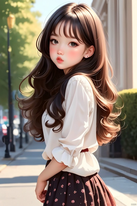 Girls, Q Edition, illustration, solo, Long hair, skirt, Brown hair, depth of field