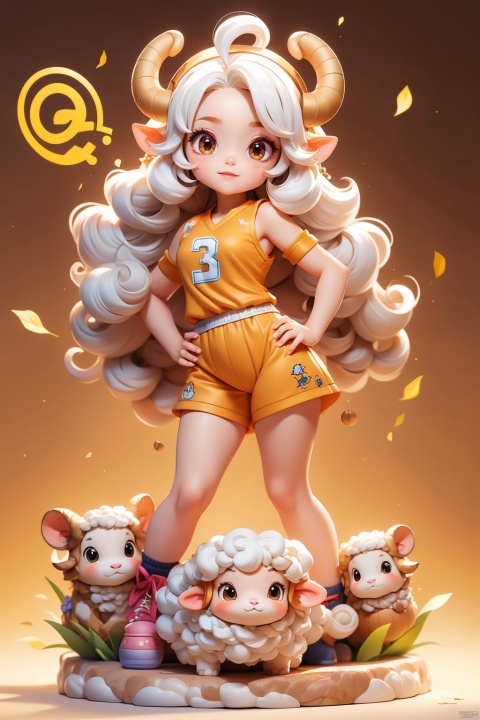 1 girl, (3 years :1.9), solo, (Q version :1.6), IP, determined expression, sheep horns, animal features, white hair, sheep curls, blush, basketball uniform, simple white background, hands on hips