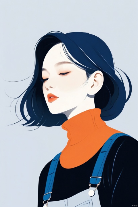  A beautiful woman with a simple overalls, illustration, minimalism, dreamlike picture, subtle gradients, calm harmony, elegant use of negative space, graphic design inspired illustration