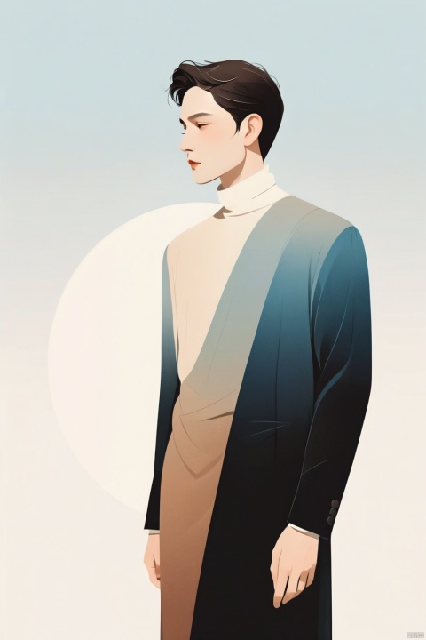 A handsome man with a simple dress, illustration, minimalism, dreamlike picture, subtle gradation, calm harmony, elegant use of negative space, graphic design inspired illustration