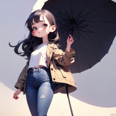 (Masterpiece), (best quality), Q Edition, 2.5 head body, Girl, Detective, Long black trench coat, Jeans, solo, Long hair, Simple background,