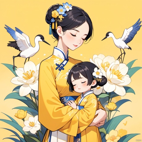 New Chinese, three, mother and child, closed eyes, black hair, bun, flower, bird, hair ornament, standing, blush, long sleeve, yellow background, crane (animal), bun, blue flower, bangs, white flower, symmetrical composition, masterpiece, best quality, very aesthetic, absurd,