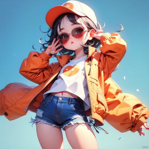 (Masterpiece), (best quality), Q Edition, 2.5 Head Body, Girl, Aviator Sunglasses, solo, colored hair, orange Clear Jacket, Denim Shorts, Simple background,