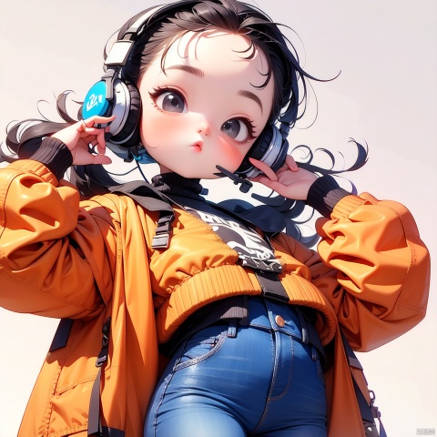 (Masterpiece), (best quality), Q Edition, 2.5 head body, Girl, headset, solo, Long hair, Orange coat, Jeans, Simple background,