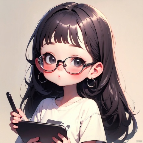 (Masterpiece), (Best quality), Q Edition, 2.5 Head Body, Girl, Solo, Shy, Straight bangs, Long hair, T-shirt, Glasses, Phone, Simple background,