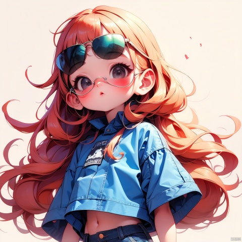 (Masterpiece), (best quality), Q Edition, 2.5 Head Body, Girl, Aviator Sunglasses, solo, colored hair, orange Clear Jacket, Denim Shorts, Simple background,