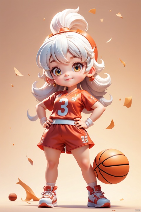 1 girl, (3 years :1.9), solo, (Q version :1.6), IP, determined expression, Mianyang horn, animal features, blush, basketball uniform, simple white background, white hair, Pompadour hairstyle, hands on hips