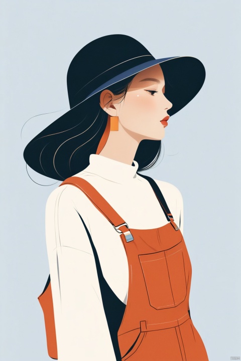  A beautiful woman with a simple overalls, illustration, minimalism, dreamlike picture, subtle gradients, calm harmony, elegant use of negative space, graphic design inspired illustration