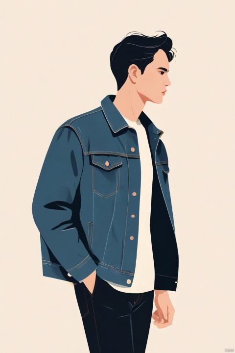 A handsome man with a simple denim jacket, illustration, minimalism, dreamlike picture, subtle gradients, calm harmony, elegant use of negative space, graphic design inspired illustration