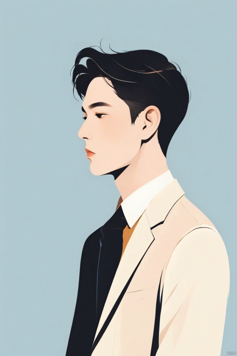  A handsome man with a simple workplace uniform, illustration, minimalism, dreamlike picture, subtle gradation, calm harmony, elegant use of negative space, graphic design inspired illustration