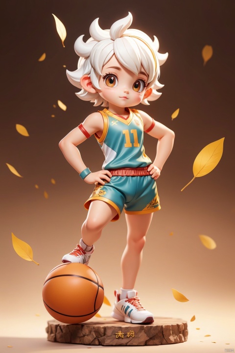 1 little boy, Animal IP, solo, (Q version :1.2), determined expression, sheep horn, blush, basketball uniform, athlete figure, simple white background, white hair, pixie short hair, hands on hips