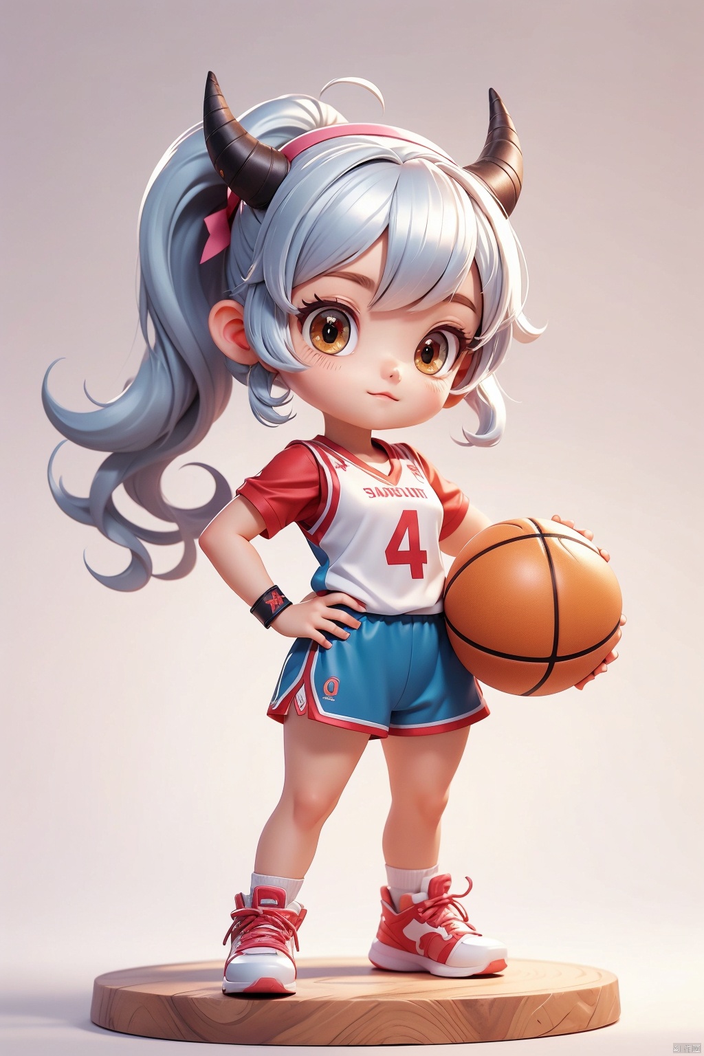 1 girl, 3 years old, hands on hips, solo, (Q version :1.6), IP, determined expression, horns, animal features, blush, basketball uniform, simple white background, silver hair, side ponytail,