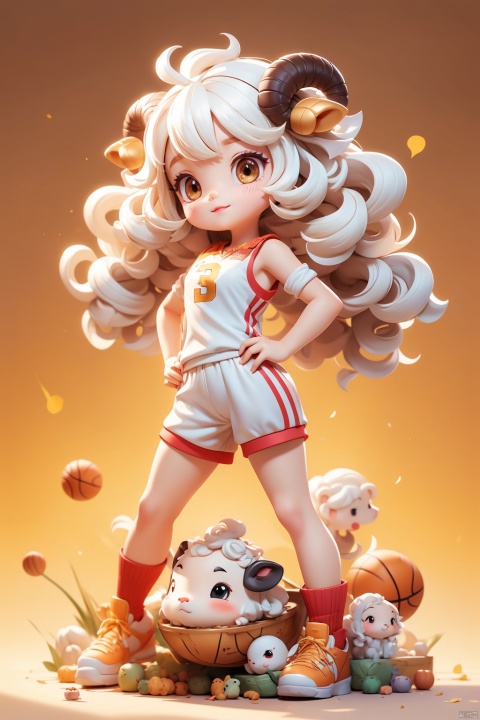 1 girl, (3 years :1.9), solo, (Q version :1.6), IP, determined expression, sheep horns, animal features, blush, basketball uniform, simple white background, white hair, small curly hair, hands on hips