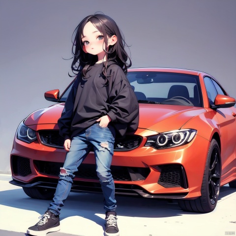 (Masterpiece), (Best quality), Q Edition, 2.5 Head Body, Girl, Detective, Black Robe, Jeans, solo, Long hair, fancy car, Simple background,