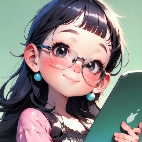 (Masterpiece), (Best quality), Q Edition, 2.5 Head Body, Girl, Solo, Smile, Straight bangs, Long hair, Makeup, Summer Dress, Glasses, computer, Simple background,