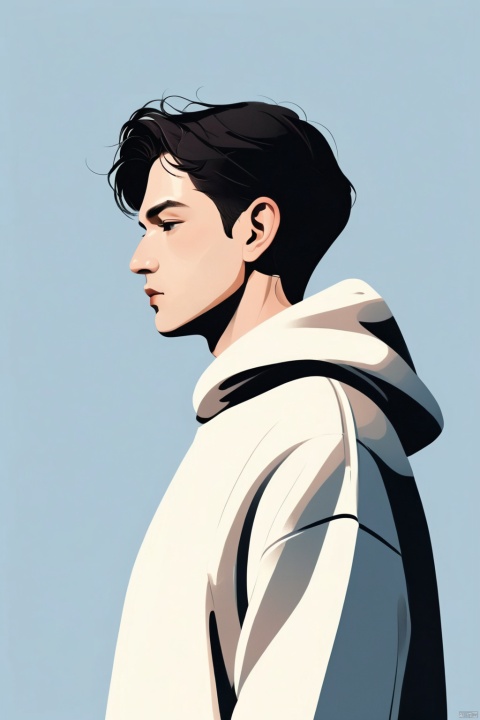 A handsome man in a simple hoodie, illustration, minimalism, dreamlike picture, subtle gradation, calm harmony, elegant use of negative space, graphic design inspired illustration
