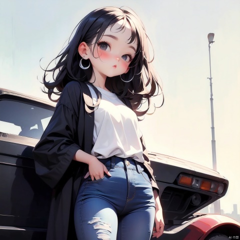 (Masterpiece), (Best quality), Q Edition, 2.5 Head Body, Girl, Detective, Black Robe, Jeans, Cigarette, solo, Long hair, Sports car, Simple background,