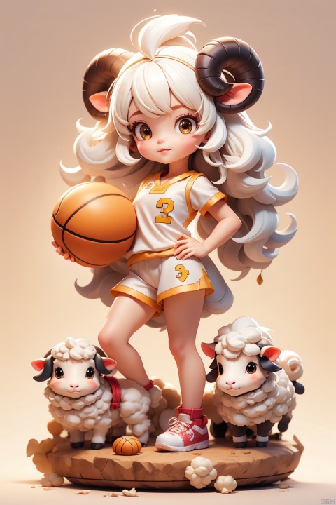 1 girl, (3 years :1.9), solo, (Q version :1.6), IP, determined expression, sheep horns, animal features, blush, basketball uniform, simple white background, white hair, sheep hair, hands on hips