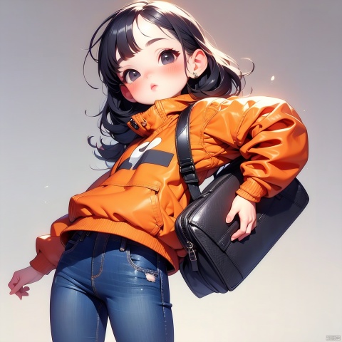 (Masterpiece), (best quality), Q Edition, 2.5 head body, Girl, small leather bag, solo, colored hair, orange clear jacket, Jeans, Simple background,