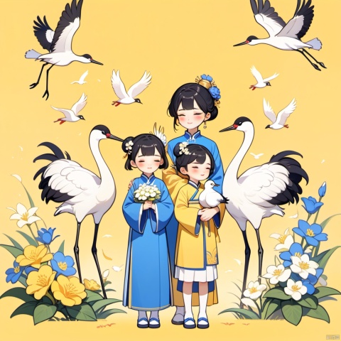 New Chinese, a couple, three children, parent-child, closed eyes, black hair, bun, flowers, birds, hair accessories, standing, blush, long sleeves, yellow background, crane (animal), bun, blue flowers, bangs, white flowers, symmetrical composition, masterpiece, best quality, very aesthetic, absurd,