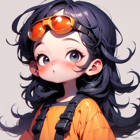  (Masterpiece), (best quality), Q Edition, 2.5 head body, Girl, Goggles, solo, colored hair, orange Clear Jacket, Denim Shorts, Simple background,