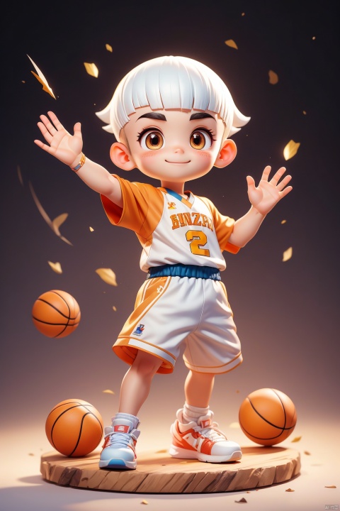 1 Little boy, (3 years :1.9), (Buzz cut :1.4), solo, (Q version :1.6), IP, waving, smug, blush, basketball uniform, simple white background, white hair,
