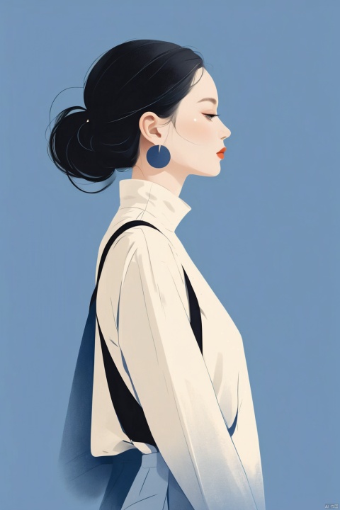 A beautiful woman with a simple textile overalls, illustration, minimalism, dreamlike picture, subtle gradation, calm harmony, elegant use of negative space, graphic design inspired illustration