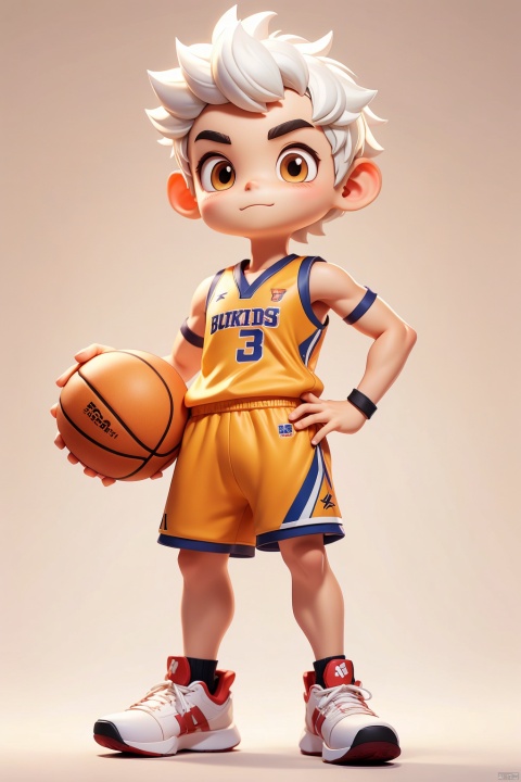 1 male, Animal IP, solo, (Q version :1.2), firm expression, blush, basketball uniform, athlete body, white hair, buzz cut, simple white background, hands on hips