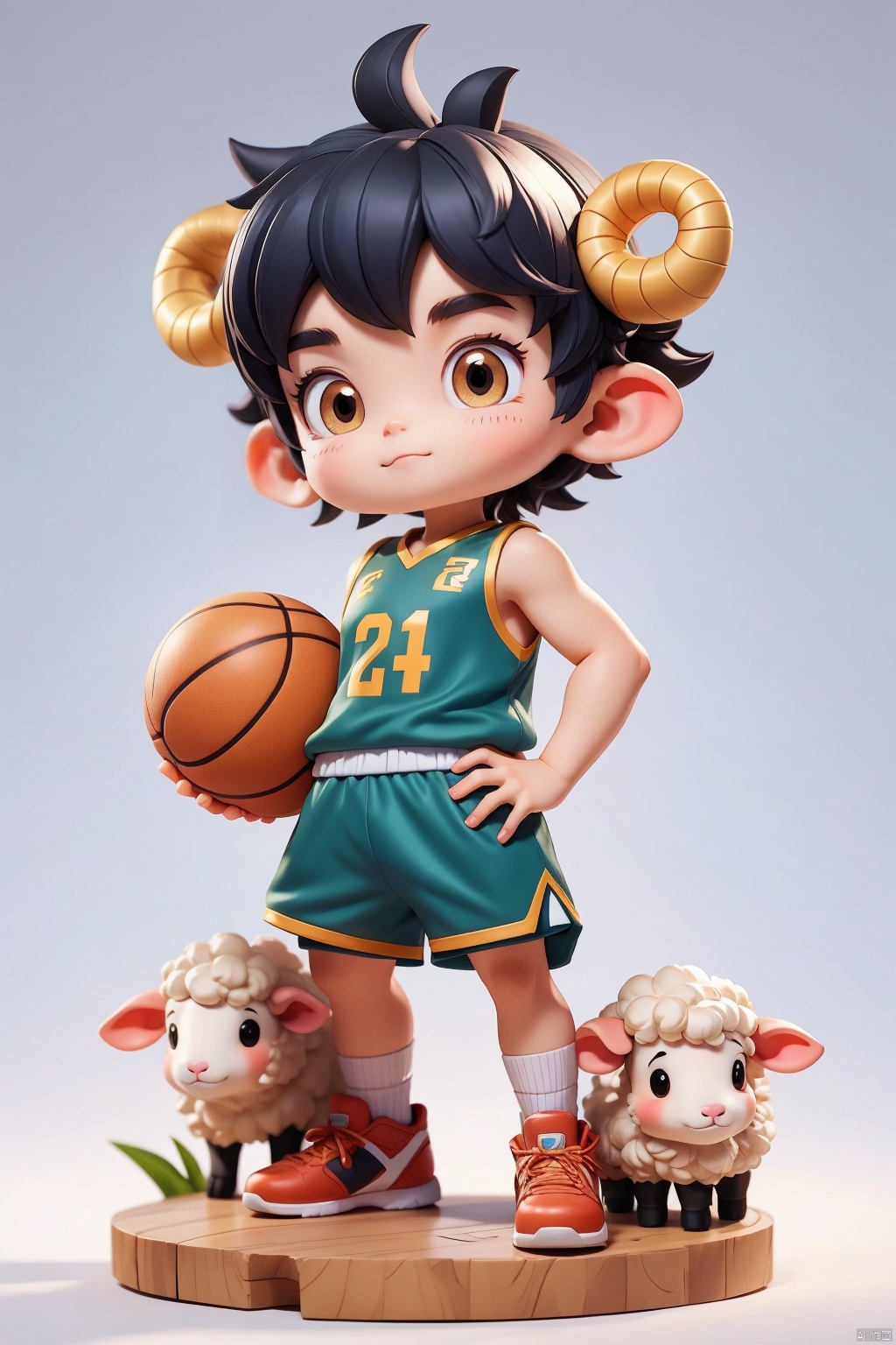  1 boy, sheep IP, solo, (Q version :1.2), determined expression, horns, blush, basketball uniform, athlete body, simple white background,
