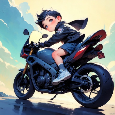  (Masterpiece), (Best quality), Q Edition, 2.5 Head Body, Boy, Solo, Short hair, Motorcyclist, Simple Background,