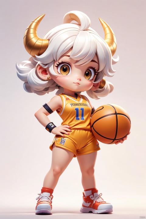1 girl, (3 years :1.9), solo, (Q version :1.6), IP, determined expression, horns, animal features, blush, basketball uniform, simple white background, white hair, Pompadour hairstyle, hands on hips