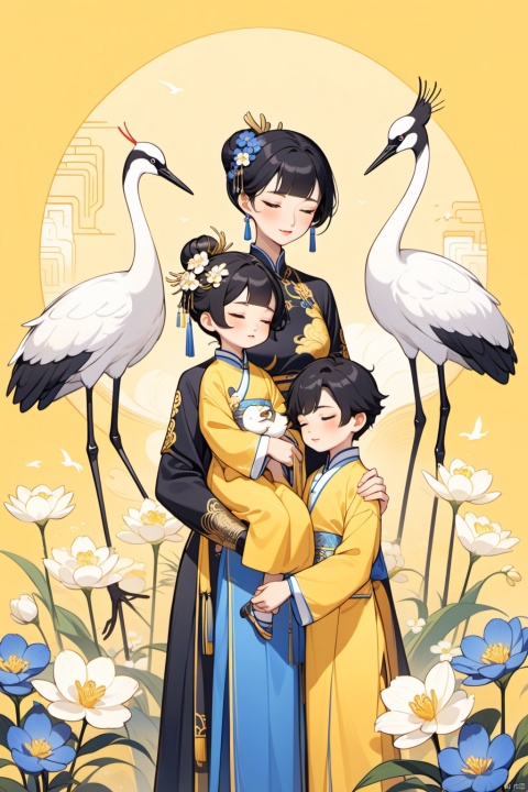 New Chinese, three women, mother and son, closed eyes, black hair, bun, flowers, birds, hair ornaments, standing, blush, long sleeves, yellow background, crane (animal), bun, blue flowers, bangs, white flowers, symmetrical composition, masterpiece, best quality, very aesthetic, absurd,