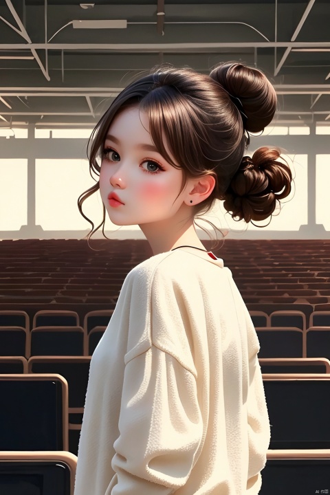 Girl, Q Edition, Illustration, Solo, Bun Head, Casual wear, Looking at the audience, Brown hair,