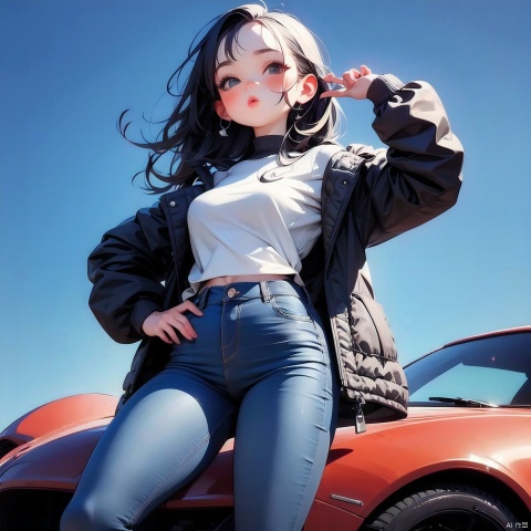 (Masterpiece), (Best quality), Q Edition, 2.5 Head Body, Girl, Detective, Black Coat, Jeans, Cigarettes, Solo, Long hair, Sports car, Simple background,