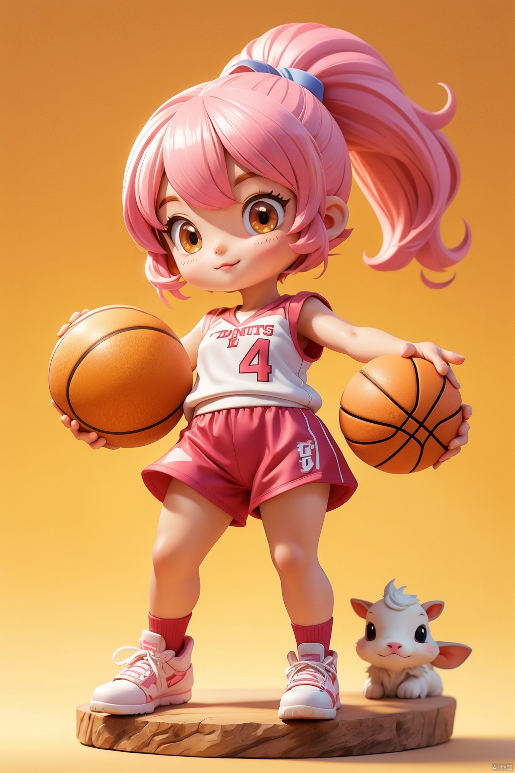 1 little girl, animal IP, solo, (Q version :1.2), determined expression, goat horns, animal nose, blush, basketball uniform, athlete figure, simple white background, pink hair, high ponytail, hands crossed