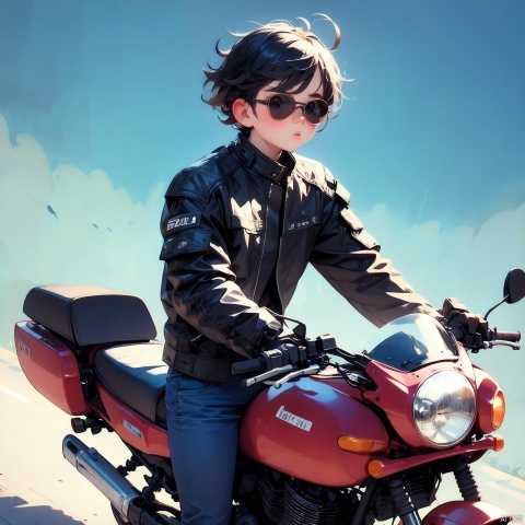 (Masterpiece), (Best quality), Q Edition, 2.5 Head body, Man, solo, Sunglasses, messy hair, Motorcyclist, Simple Background,