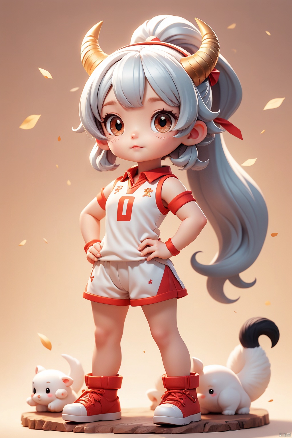 1 little girl, 2 years old, hands on hips, silver hair, side ponytail, solo, (Q version :1.6), IP, determined expression, horns, animal features, blush, simple white background, basketball uniform,