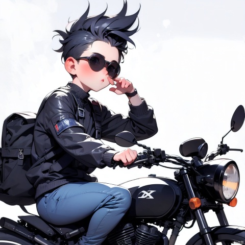 (Masterpiece), (Best quality), Q Edition, 2.5 Head Body, Man, Solo, Motorcyclist, Mohawk head, Sunglasses, Simple Background,